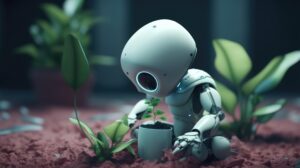 Adorable green robot busy gardening